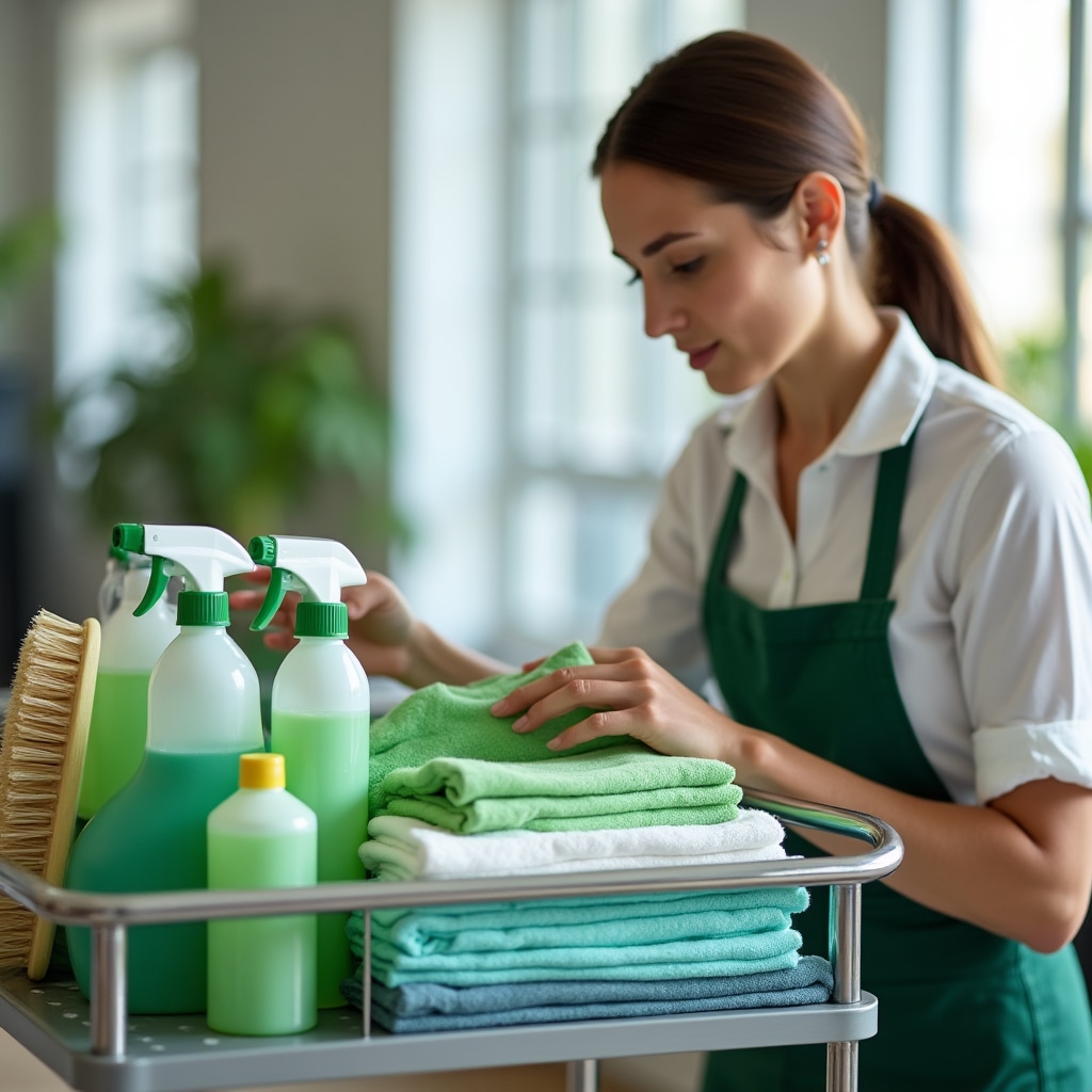 Organized eco-friendly cleaning supplies and equipment