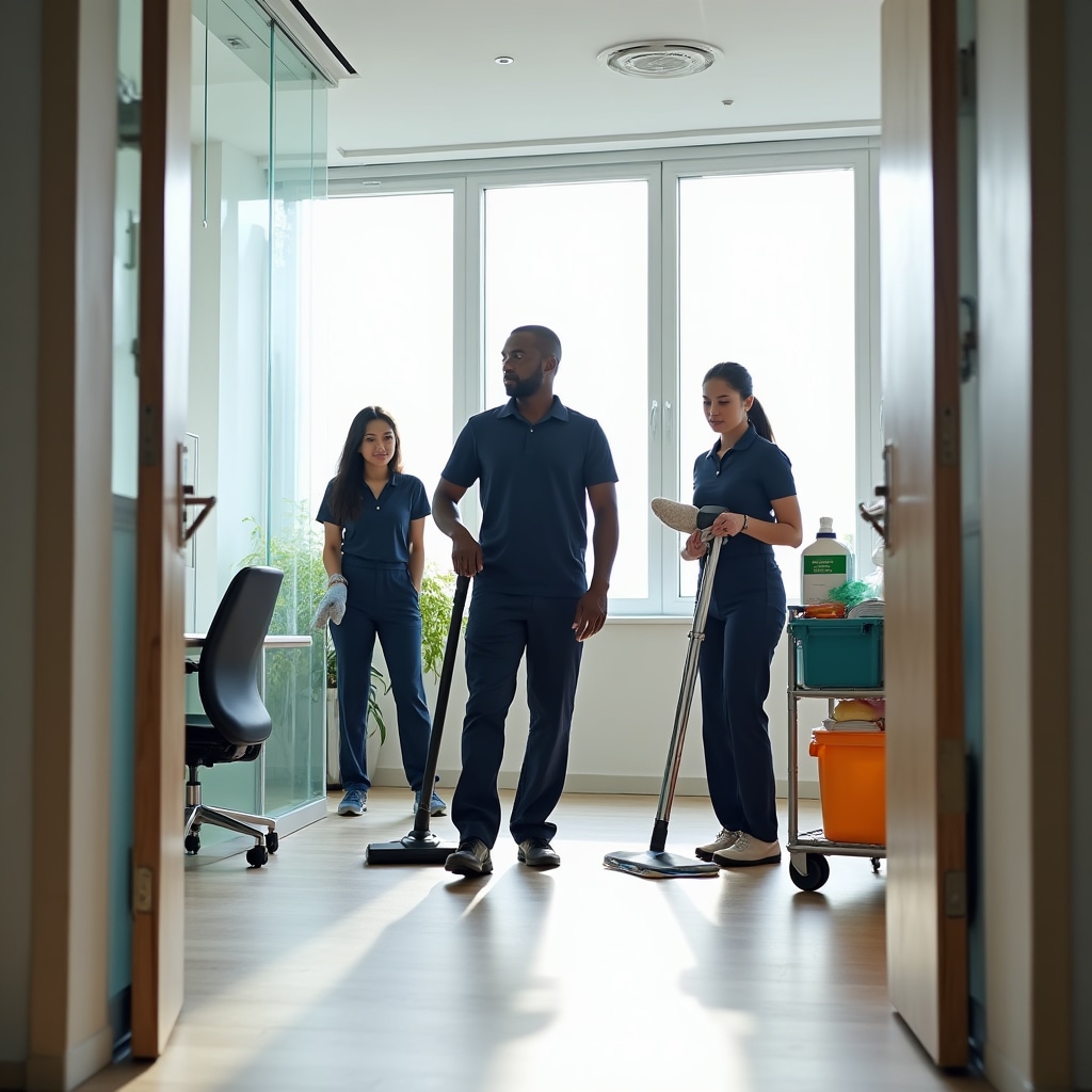 Professional cleaning team working in modern office space