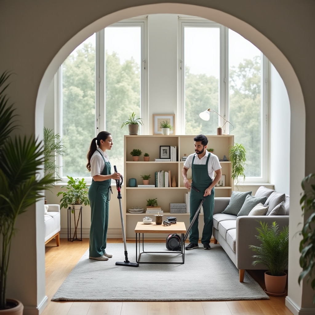 Cleaning team working in residential living room